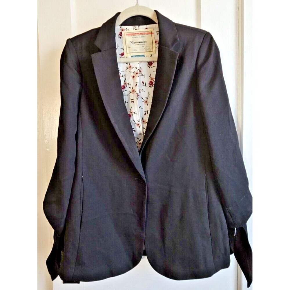 Anthropologie Cartonnier Lloyd Tie Sleeve black Blazer floral print lined Sz 4
